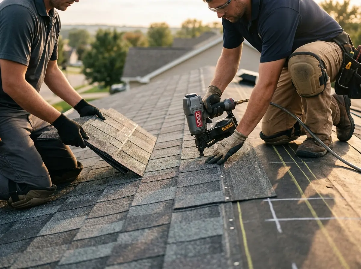 Professional roofer working on a residential roof in Dyersburg